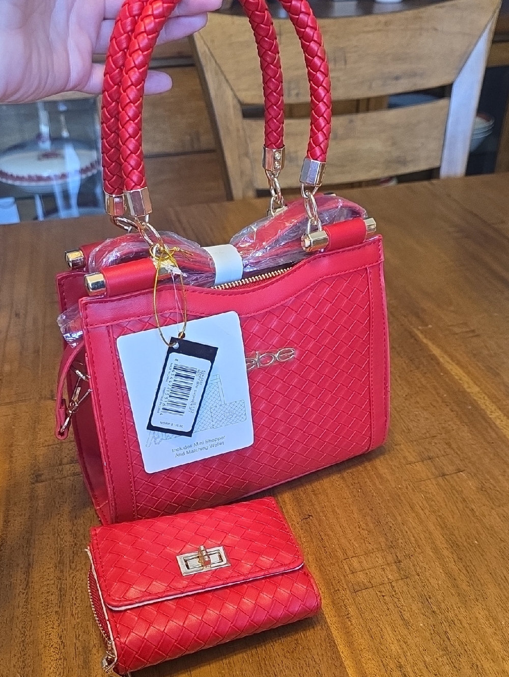 Bebe Red Woven Tote Handbag with Matching Wallet Nwt - Picture 13 of 16
